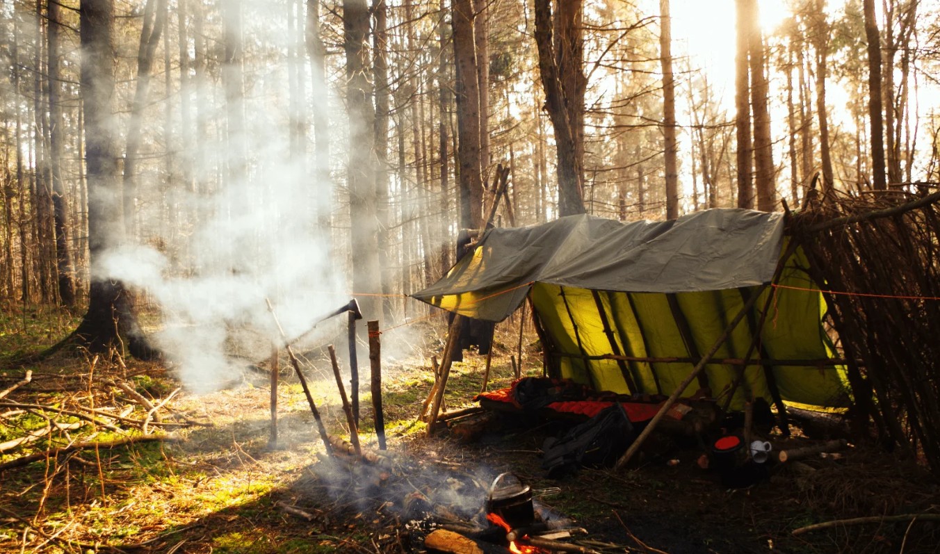 Tarp and brush lean-to camp in a sunlit pine forest with woodsmoke drifting, an axe struck into a stake and a kettle over the fire