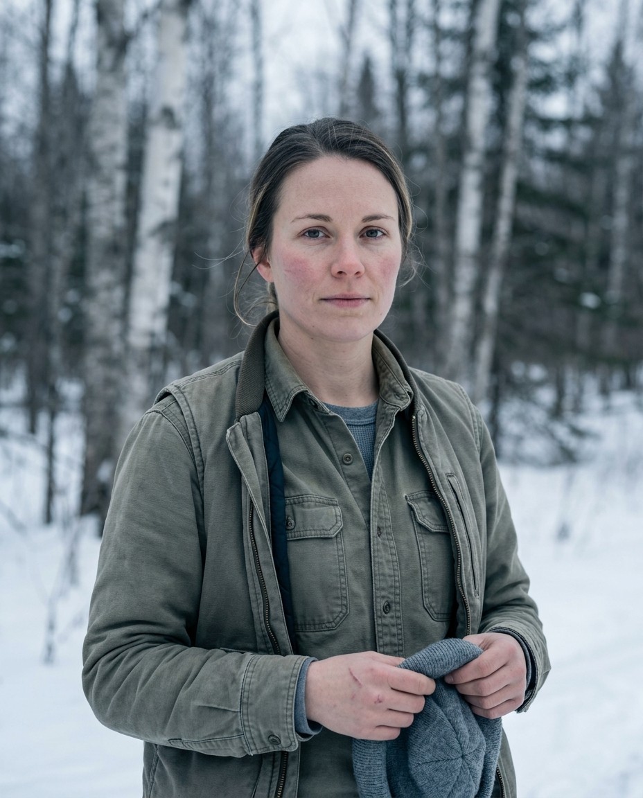 Maren Aho standing at the edge of a snowy birch and spruce woodlot in a canvas work shirt and insulated vest, holding a knit hat