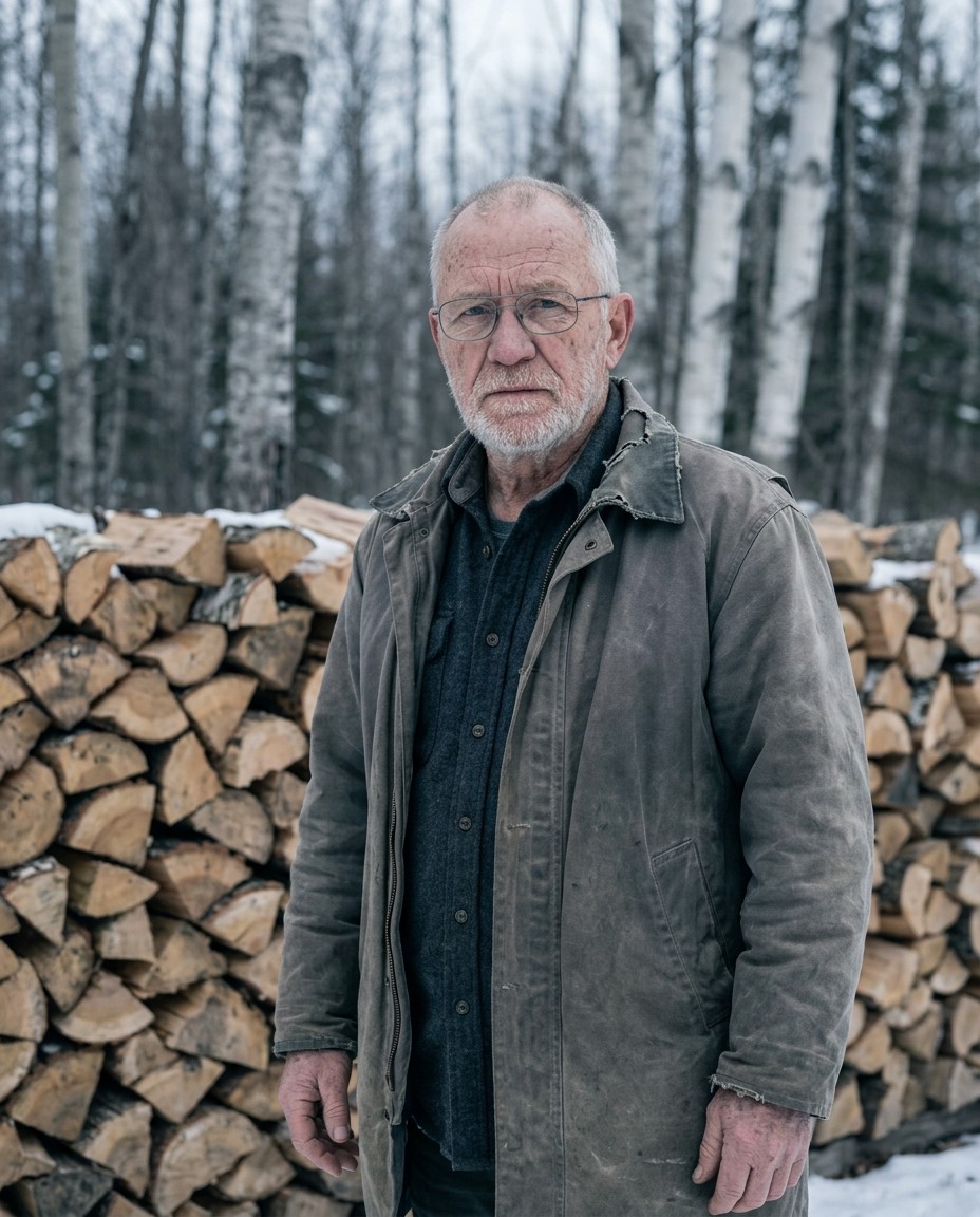 Wendell Tokarz standing beside a stack of split firewood in a waxed canvas coat and wire-frame glasses, bare winter hardwoods behind him